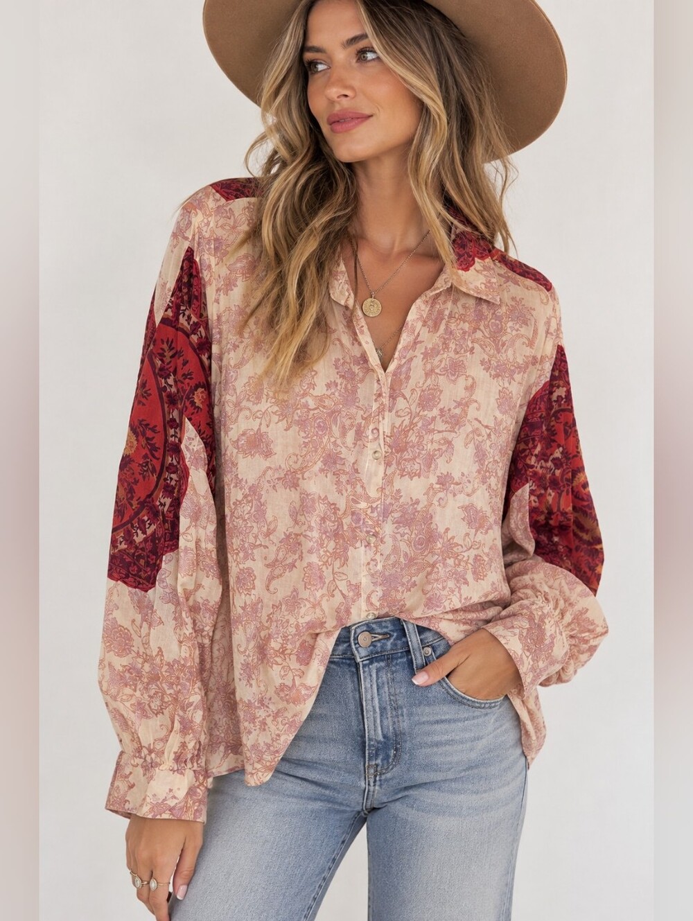 Free People Rose Bud Blouse Floral Boho Button Front Top